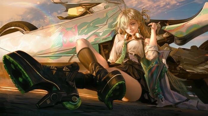 Lynae from Wuthering Waves with a motorcycle