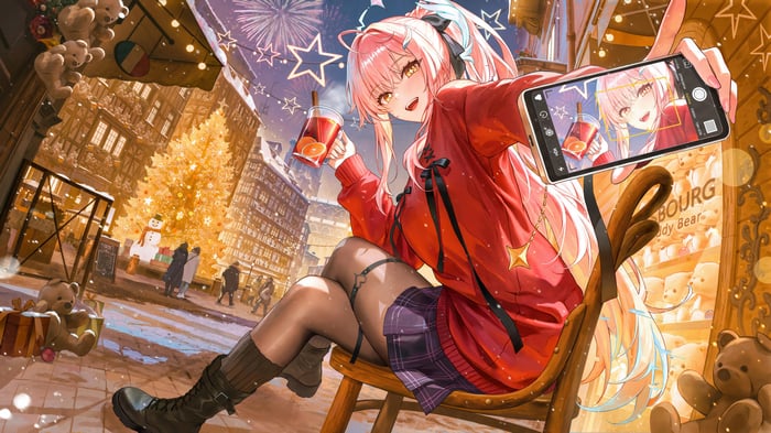 Aemeath from Wuthering Waves taking a selfie during Christmas