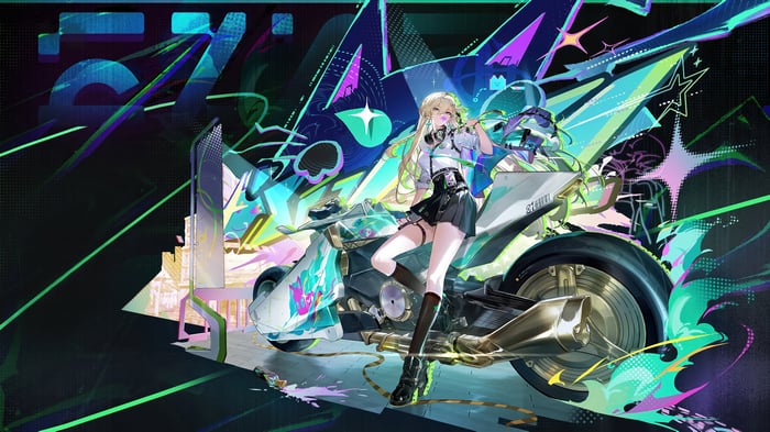 Lynae from Wuthering Waves on a futuristic motorcycle