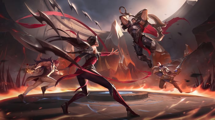 League of Legends: Irelia, Darius, Sett, and Garen in battle