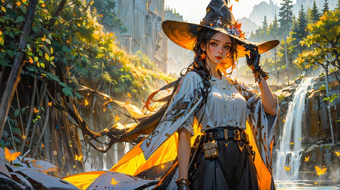 Fantasy Witch Girl in a Forest with Waterfall 4K