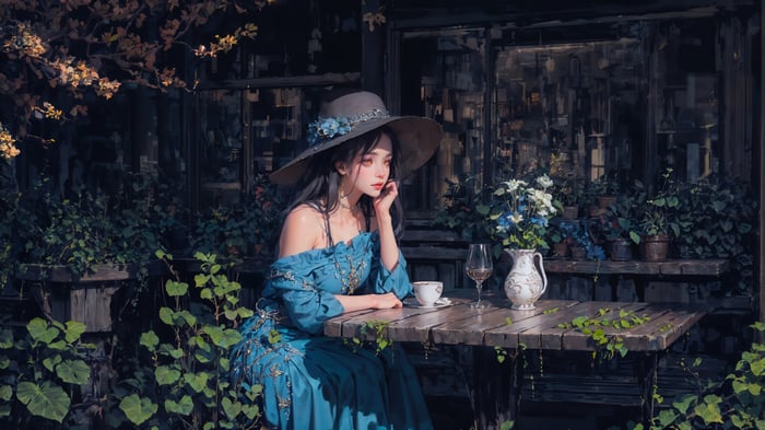 Girl in a blue dress and hat at a cafe