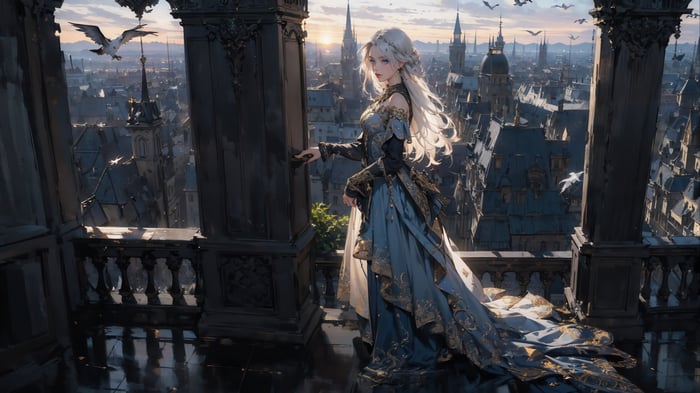 Fantasy Girl with White Hair in a City