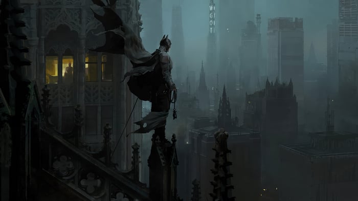 Batman overlooking Gotham City in 4K