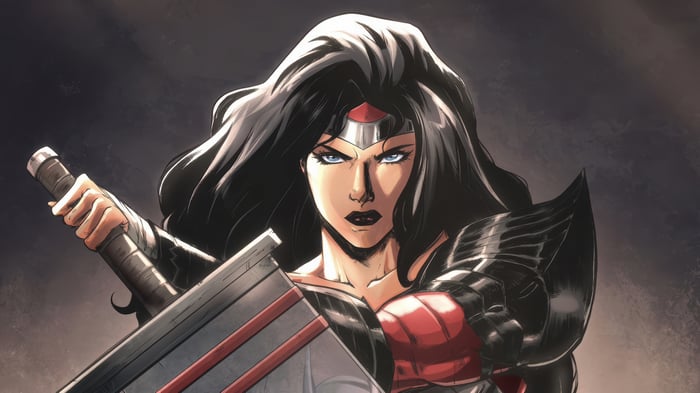 Wonder Woman holding a sword and shield