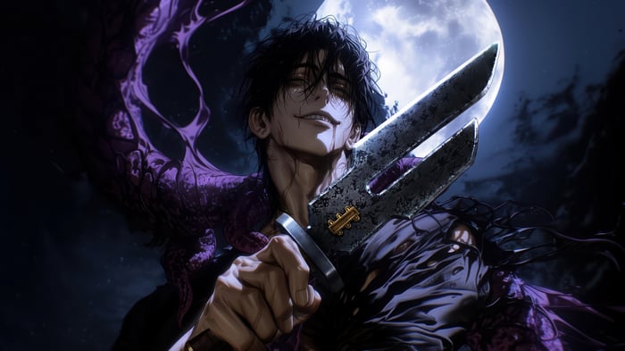 Toji Fushiguro with a large blade under the moon