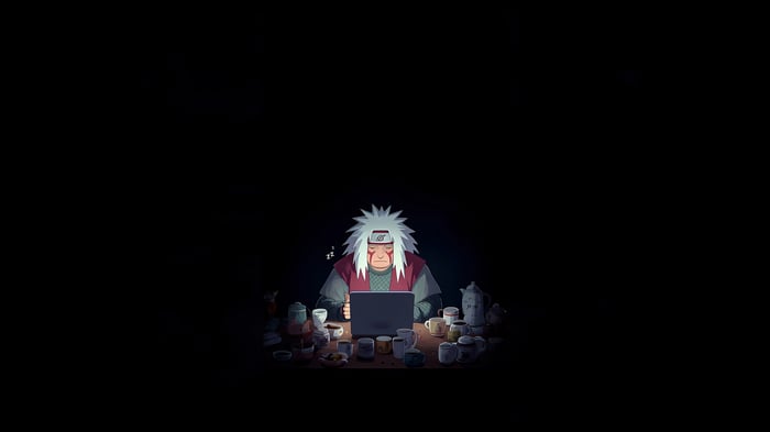 Jiraiya from Naruto using a laptop surrounded by cups