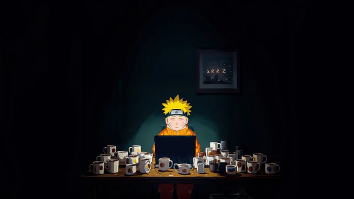 Naruto Uzumaki surrounded by coffee cups, sleepy