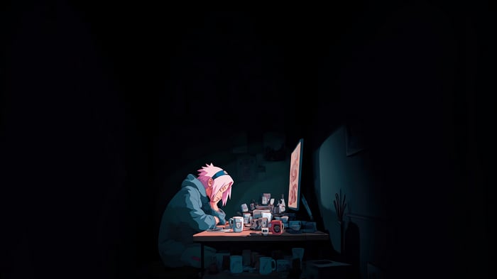 Sakura working late at her desk