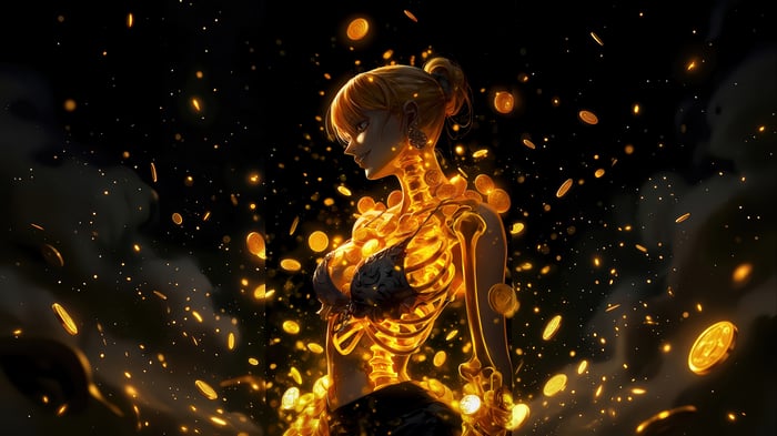 Nami as a golden skeleton covered in coins, 4K