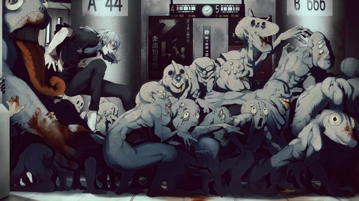 Mahito and cursed spirits in a subway