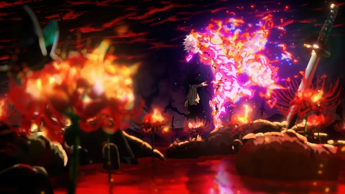 Gabimaru in a fiery landscape
