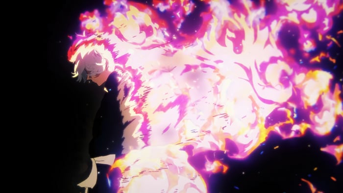 Gabimaru engulfed in purple and pink flames