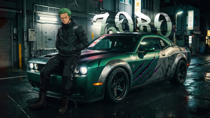 Roronoa Zoro and a custom Dodge Challenger