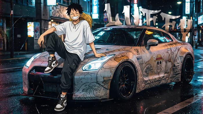 Monkey D. Luffy with a custom One Piece car