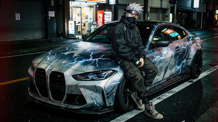Kakashi Hatake on a BMW M4 with Naruto theme 4K
