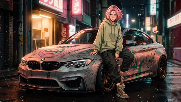 Sakura Haruno with a BMW car in a city