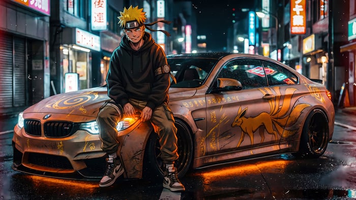 Naruto Uzumaki Poses on a Custom BMW in a Neon City