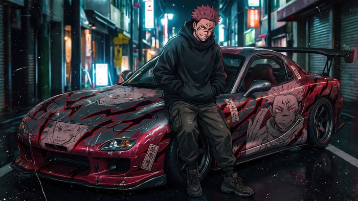 Sukuna from Jujutsu Kaisen leaning on a custom car