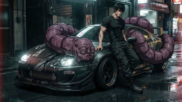 Toji Fushiguro with a worm-like creature and a car