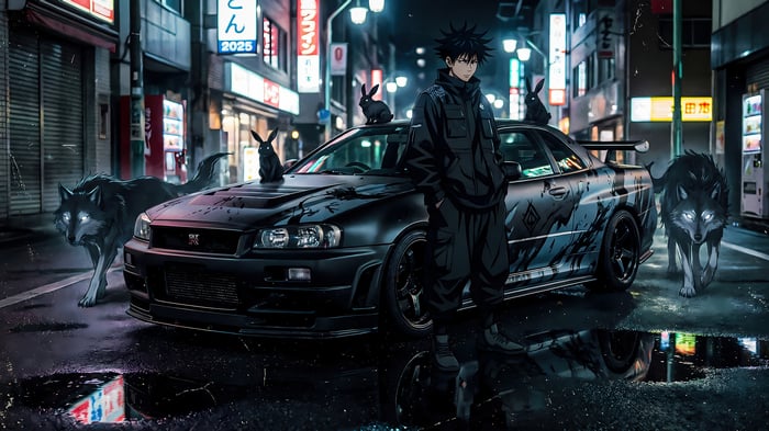Megumi Fushiguro with a car and wolves in 4K