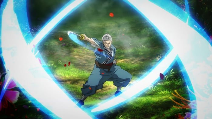 Anime character with glowing blue sword slashes