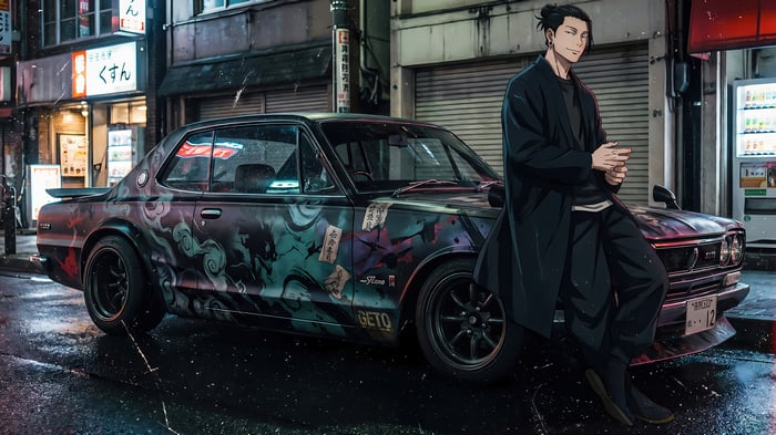 Geto and a custom car in a rainy city street