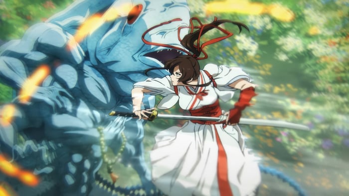 Anime girl with sword fights a blue monster