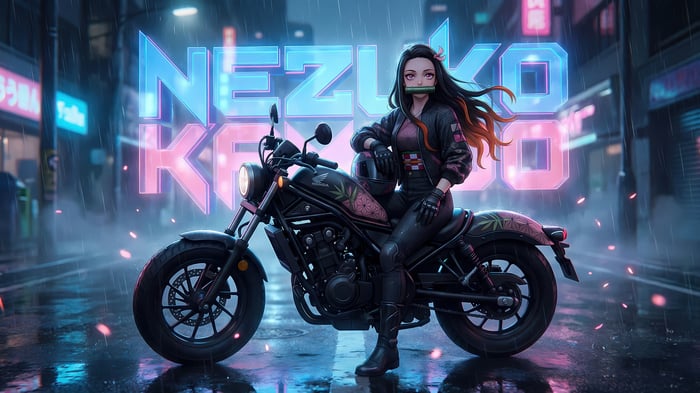 Nezuko Kamado on a Motorcycle in Neon City 4K