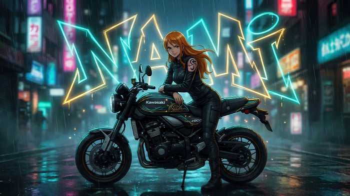 Nami on a Kawasaki Motorcycle in Neon City 4K