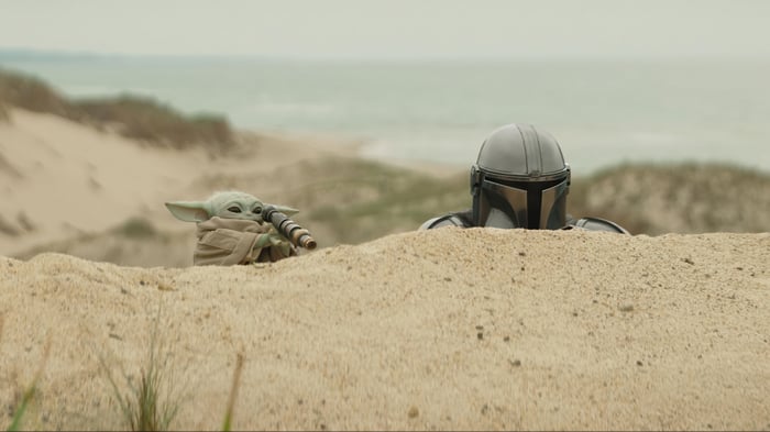The Mandalorian and Grogu on a sandy beach