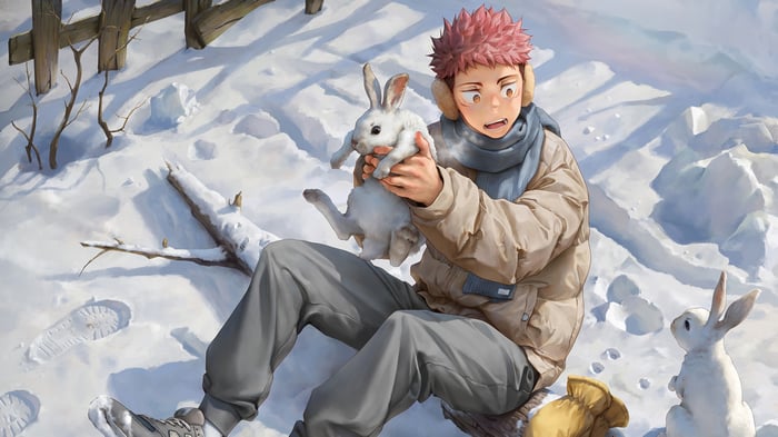 Yuji Itadori holding a rabbit in the snow