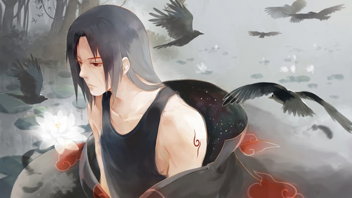 Itachi Uchiha with Crows and Lotuses 4K