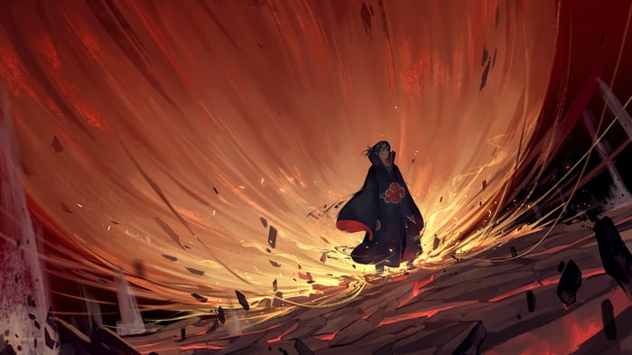 Itachi Uchiha in Akatsuki Robes Amidst Fiery Explosion 4K