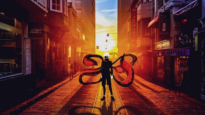 Ken Kaneki from Tokyo Ghoul in a city street