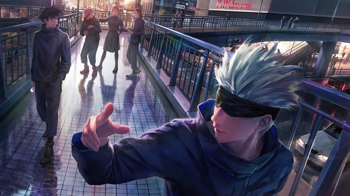 Jujutsu Kaisen: Satoru Gojo and friends on a city street