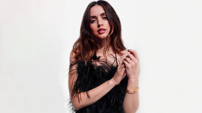 Ana de Armas in a black feathered top