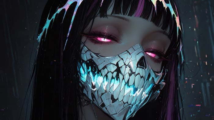 Anime Girl with Skull Mask and Pink Eyes 4K