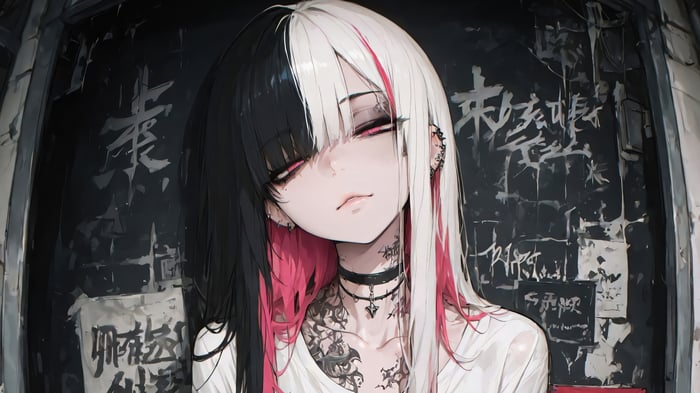 Anime Girl with Black and White Hair 4K