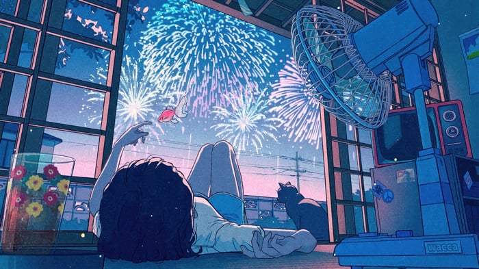 Anime Girl Watching Fireworks with Cat