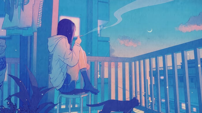 Anime Girl Smoking on Balcony with Black Cat 4K