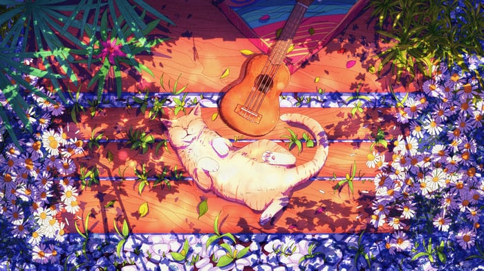 Cat Sleeping Next to Ukulele with Flowers 4K