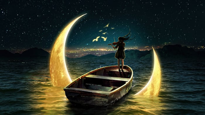 Girl playing violin in boat under crescent moon 4K