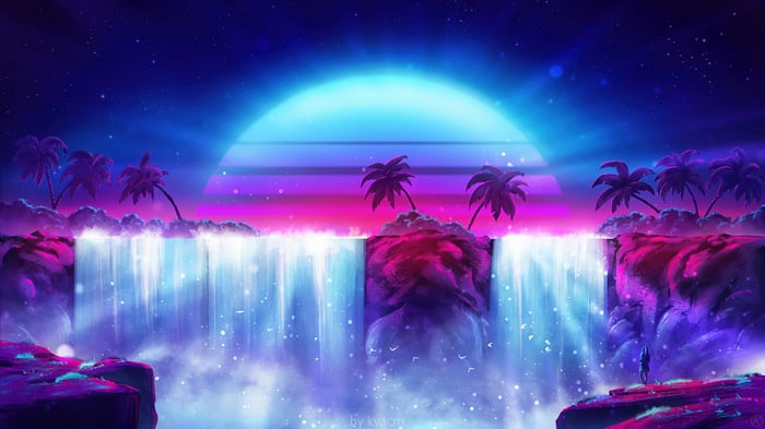Retrowave Waterfalls with Palm Trees and a Large Sun