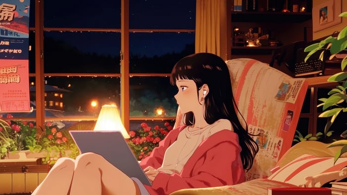 Anime Girl Listening to Music at Night