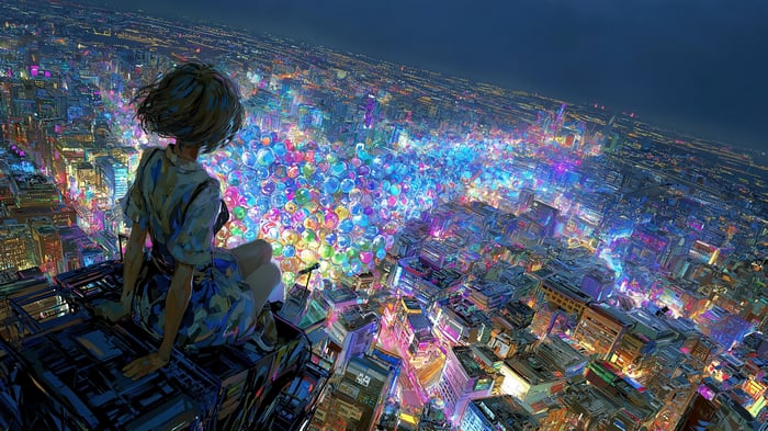 Anime Girl Sitting on Building Overlooking Colorful Cityscape at Night 4K