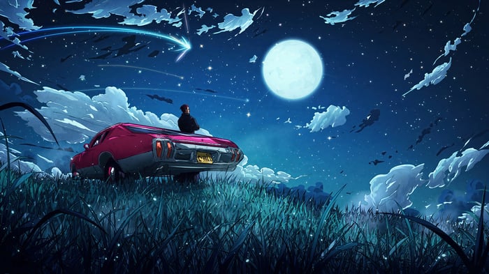 Man on car under starry night sky with moon