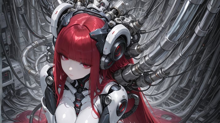 Anime Girl with Red Hair and Cybernetic Implants 4K
