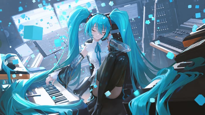 Hatsune Miku playing keyboards in a music studio 4K