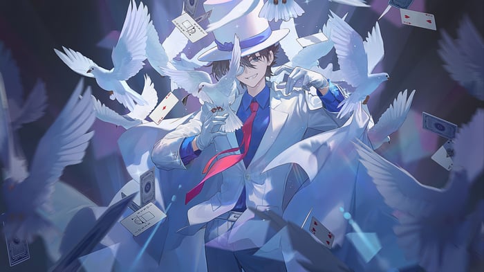 Kaito Kid surrounded by doves and playing cards